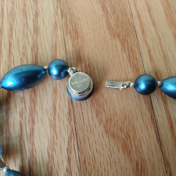 Vintage Blue Gold Beaded Necklace Retro Plastic Mid-Century Made in Hong Kong - Picture 11 of 12